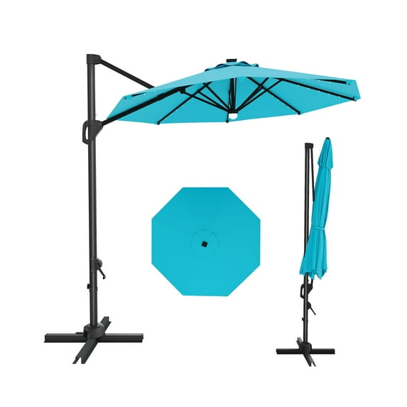 Qinain 10ft Cantilever Patio Umbrella, 360-Degree Rotation Hanging Offset Market Outdoor Sun Shade w/Lights, Easy Tilt, Cross Base for Backyard
