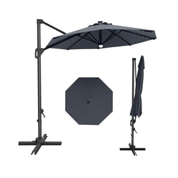 Qinain 10ft Cantilever Patio Umbrella, 360-Degree Rotation Hanging Offset Market Outdoor Sun Shade w/Lights, Easy Tilt, Cross Base for Backyard
