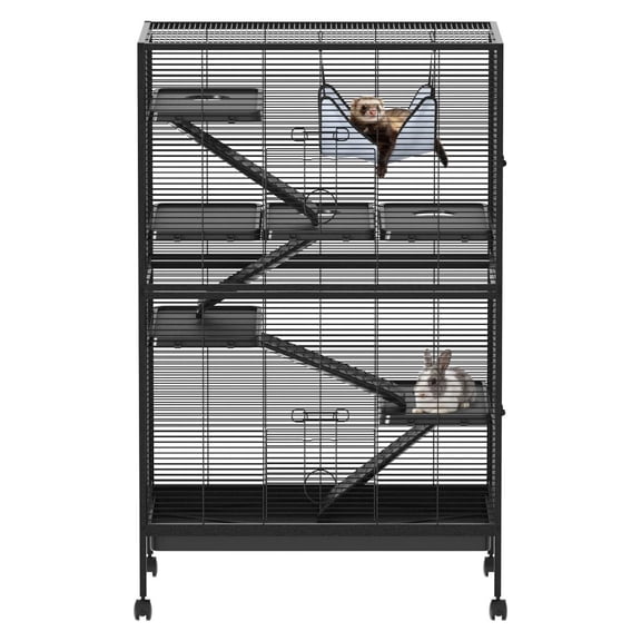 Qinain Ferret Cage, 50"h Large Critter Nation Cage with 5 Removable Ramps, Hammock, Metal Small
