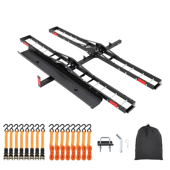 Qinain Heavy Duty Motorcycle Carrier for 2 Bikes, Hitch Mount Rack with Ramp for Dirt Bikes & Ebikes, 600 lbs Capacity with Ratchet Straps and Stabilizers, Receiver Hitch Ebike Carrier