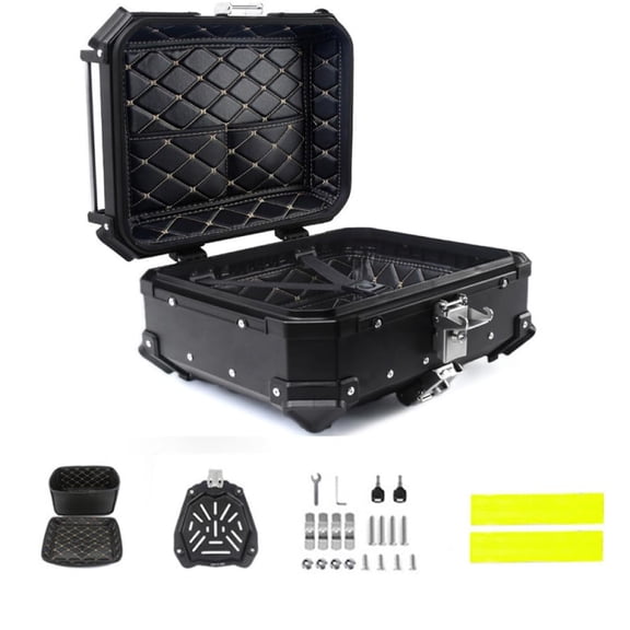 Qinain Motorcycle Top Case, 28L Aluminum Motorcycle Trunk, Motorcycle Tail Box with Security Lock & Safety Reflective Stickers, Waterproof Universal Motorcycle Top Box for Helmet Luggage
