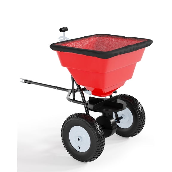 Qinain Tow Behind Broadcast Spreader, 85 LBS Capacity Seed Spreader with Hopper Cover & Universal Hitch, Adjustable Flow Control Lawn Spreader for for Seed, Fertilizer, Salt, Ice Melt