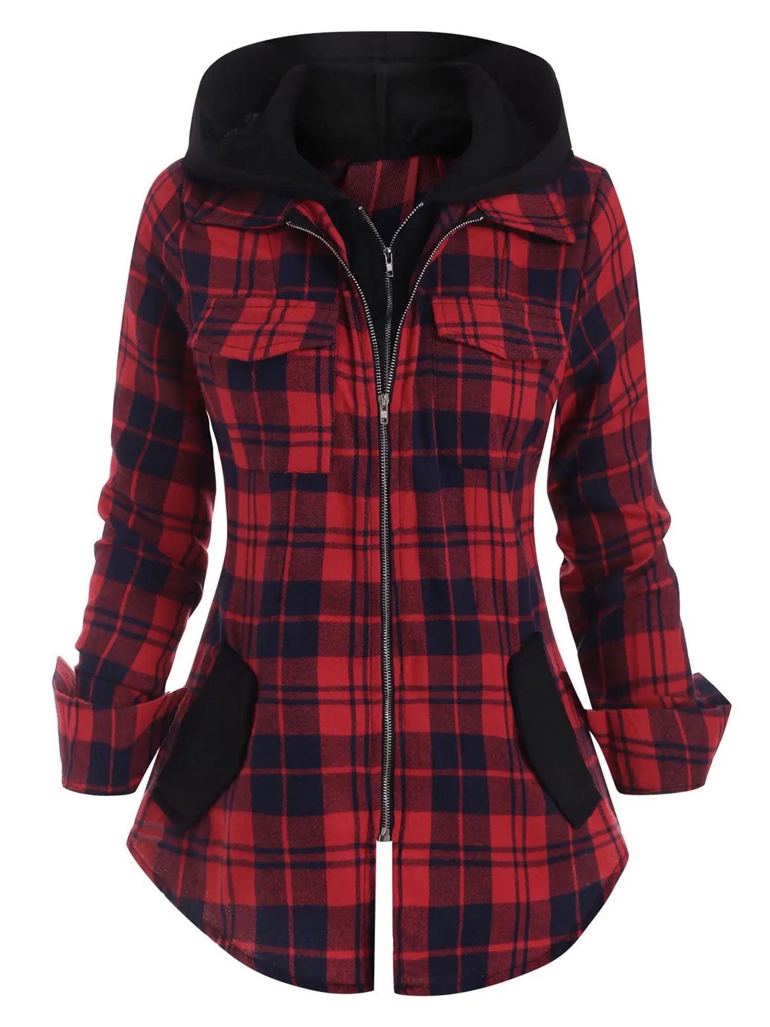 Double zipper plaid pocket hooded shirt jacket sale