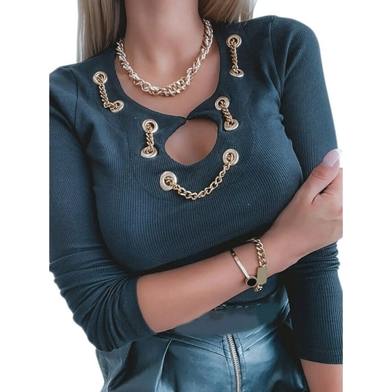 Qinavy Women's Solid Color Hollow Eyelet Metal Chain Design Long Sleeve Slim Blouse Tops
