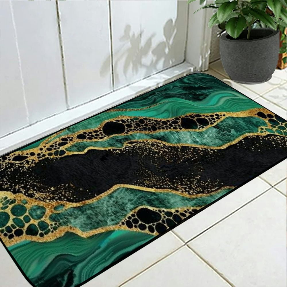 Qinduosi Black Green Marble Door Mat,Welcome Doormat Decorative Home Floor Mat, Non Slip Rubber Back and Water Absorption for Outdoor Indoor Entrance Decor 19.68*47.24 in