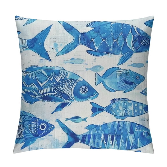 Qinduosi Blue Throw Pillow Cushion Cover, Fish Sea Animal with Ottoman Ornate Mosaic Hand Drawn Style Marine Artwork, Decorative Square Accent Pillow Case, ", Blue White