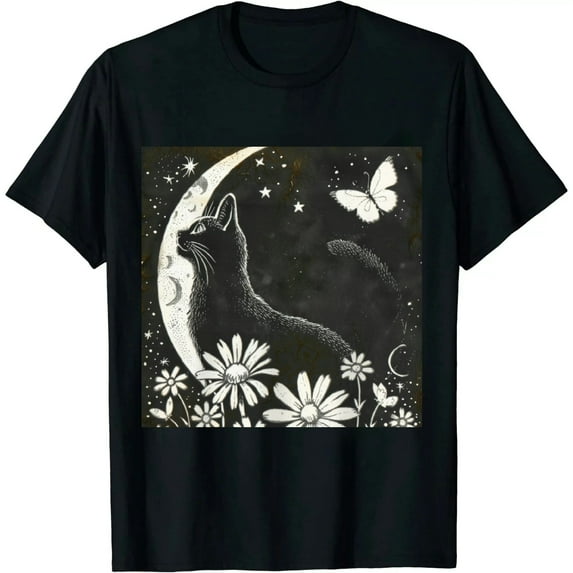 Qinduosi Cat T s for Women Moon Cat Cat Lover Gift s Mystical Cat on Floral Moon T Mystical Graphic Tee Top Black