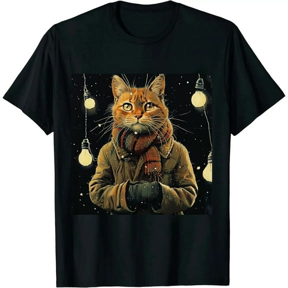 Qinduosi Christmas Cat Print Long Sleeve T-Shirt - Graphic T-Shirt - Art Long Sleeve Tee Shirt Black