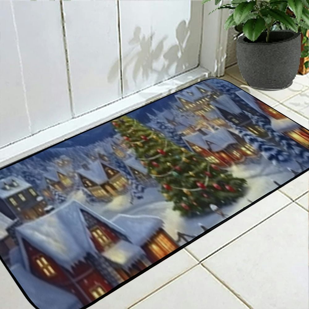 Qinduosi Christmas Door Mat Xmas Welcome Christmas Mat Non-Slip and Washable Winter Doormat Rubber Back Snowy Town Themed Door Mat Rugs for Indoor Outdoor (Christmas Tree) 19.68*47.24 in