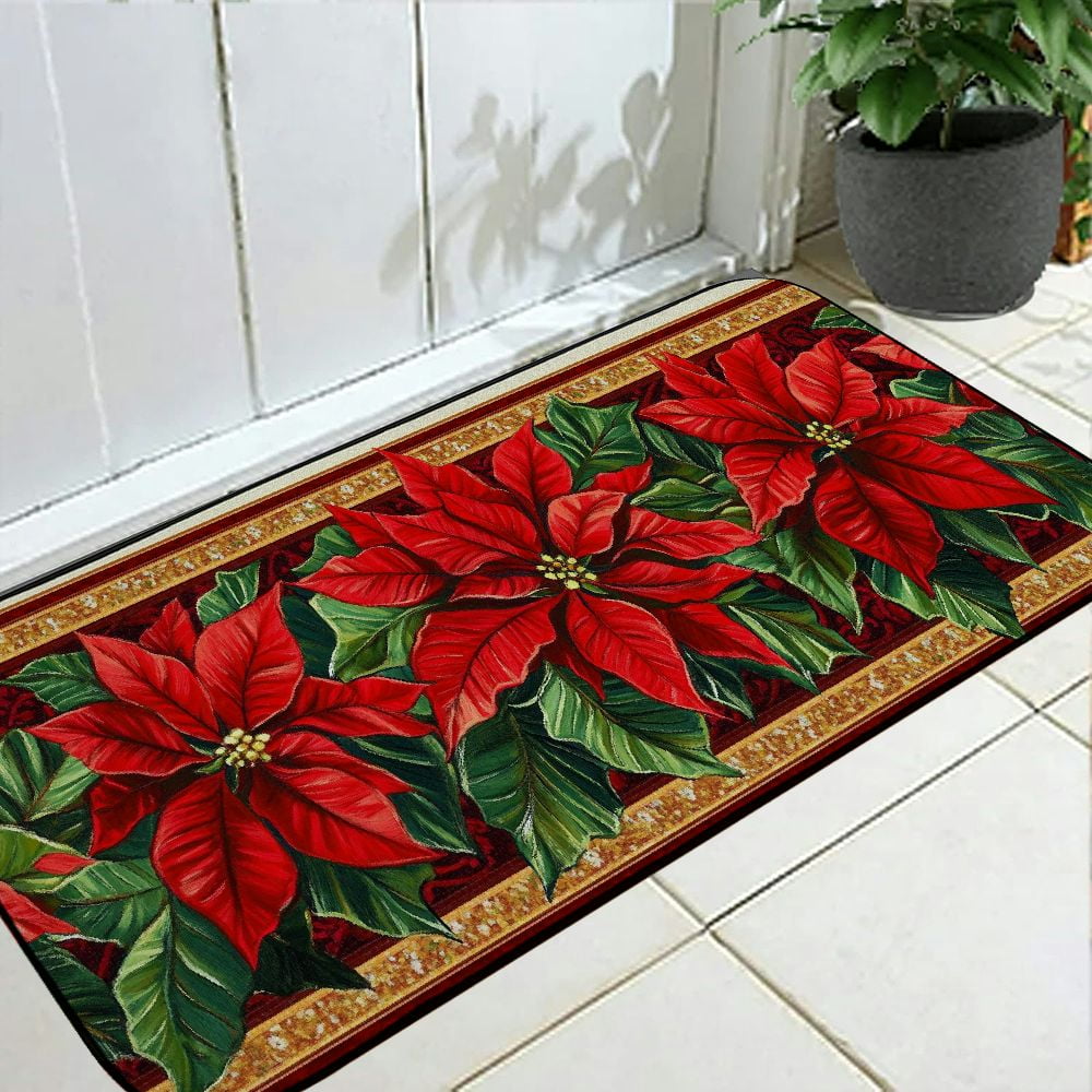 Qinduosi Christmas Red Poinsettia Flower Kitchen and Door Mat, Winter Holiday Xmas Washable Non-Slip Floor Mat for Decor