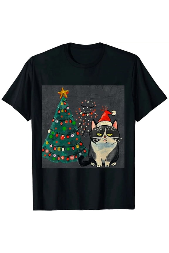 Christmas Shirts for Women Meowy Christmas Tshirt Cat Graphic Tee Short Sleeve Cat Lover Gifts Tops Black