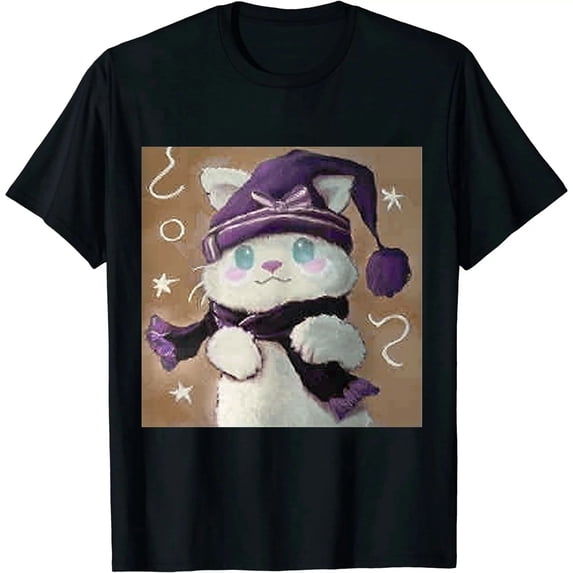 Qinduosi Clothes Clothes Japanese Harajuku Fashion Crewneck Cartoon Print T-Shirt Black