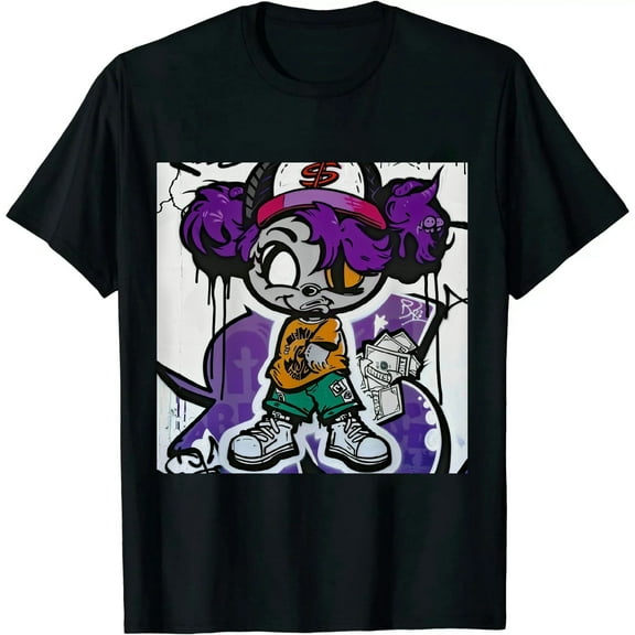 Qinduosi Court Purple Design Printed Stitched Hustle Bear Sneaker Matching T-Shirt Black