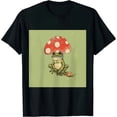 thumbnail image 1 of Qinduosi Cute Mushroom Frog T Shirts for Women Graphic Tee Aesthetic Clothes Summer Short Sleeve Top Black, 1 of 3