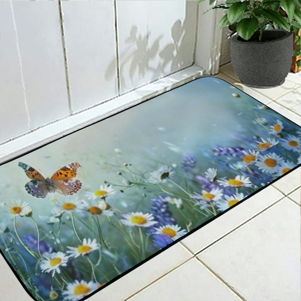 Qinduosi Daisies Door Mat, Butterfly Welcome Doormat Decorative Home Floor Mat,Non Slip Rubber Back and Water Absorption for Outdoor Indoor Entrance Decor 19.68*47.24 in