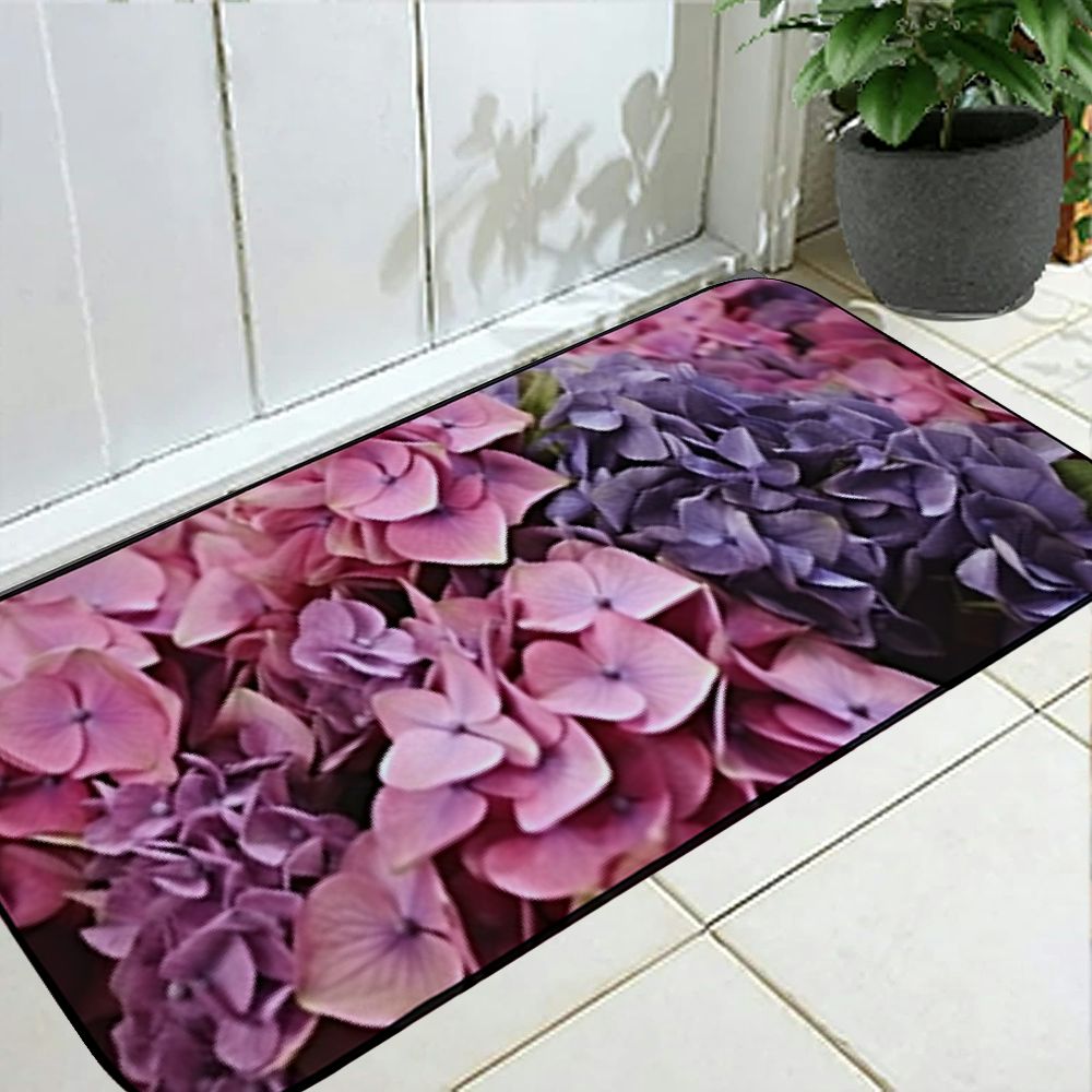 Qinduosi Decorative Door Mat, Door Mat with Non-Slip Rubber Backing, Easy Cleaning, Traps Dirt, for Entry, Patio, Garage - Purple Pink Hydrangea Flower Blossom Cluster 19.68*47.24 in