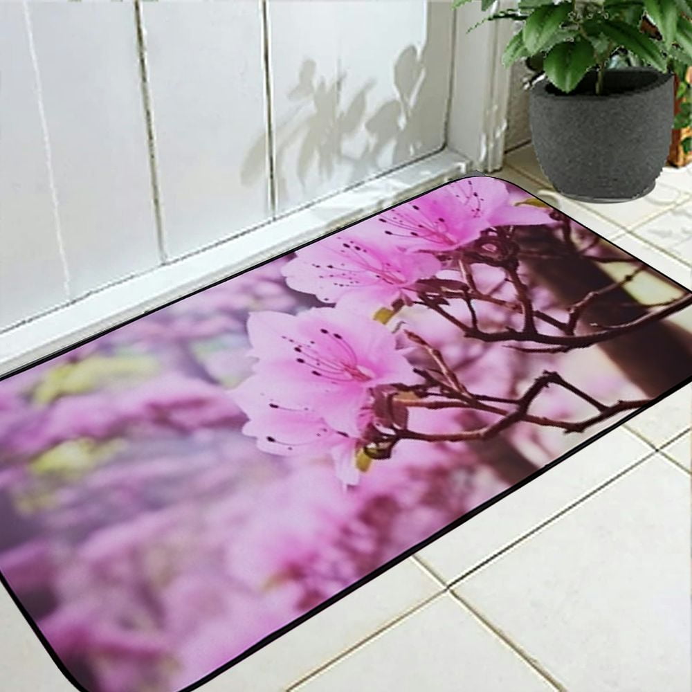 Qinduosi Decorative Door Mat, Door Mat with Non-Slip Rubber Backing, Cleaning, Traps Dirt, for Entry, Patio, Garage - Pink Flowers On Tree Spring Pink 19.68*47.24 in