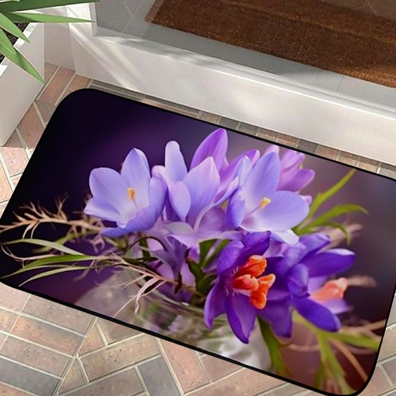 Qinduosi Decorative Door Mat, Door Mat with Non-Slip Rubber Backing, Easy Cleaning, Traps Dirt, for Entry, Patio, Garage- Crocus Snowdrop Lily of The Valley White Purple 19.68*39.37 in