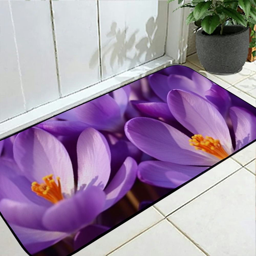 Qinduosi Decorative Door Mat, Door Mat with Non-Slip Rubber Backing, Easy Cleaning, Traps Dirt, for Entry, Patio, Garage- Crocus Spring Purple Blossom Bloom Plant Close 19.68*47.24 in