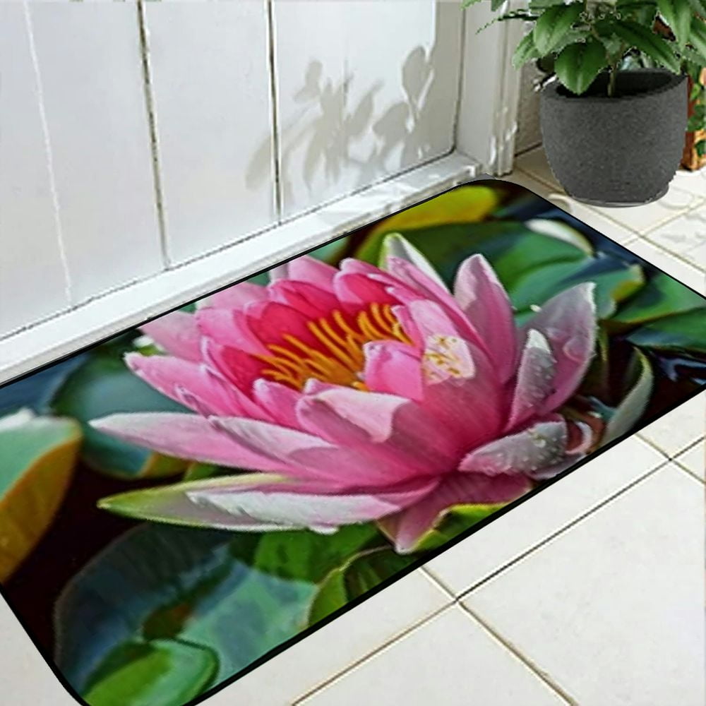 Qinduosi Decorative Door Mat, Door Mat with Non-Slip Rubber Backing, Easy Cleaning, Traps Dirt, for Entry, Patio, Garage - Water Lily Pink Summer Pond Plant Aquatic Plant 19.68*47.24 in