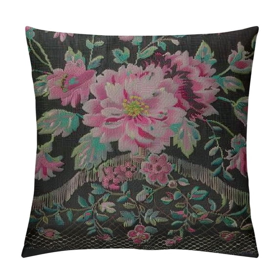 Qinduosi Decorative Throw Pillow Cover for Couch Sofa, Floral Pattern with Pink Roses Embroidered Flowers on Black Home Decor Pillow Case Inch
