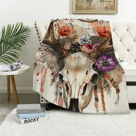 Qinduosi Deer Skull Throw Blanket for Girls Women Boho Floral Blanket Bohemian Animal Skeleton Blanket for Couch Sofa Bed Soft Fuzzy BlanketThrow