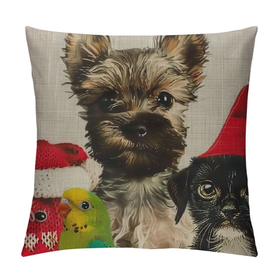 Qinduosi Dog Pillows Decorative Throw Pillow Cover Dogs Cat Rabbit Bird with Red Christmas Hat Pillow Case Square Cushion Cover for Sofa Bed White