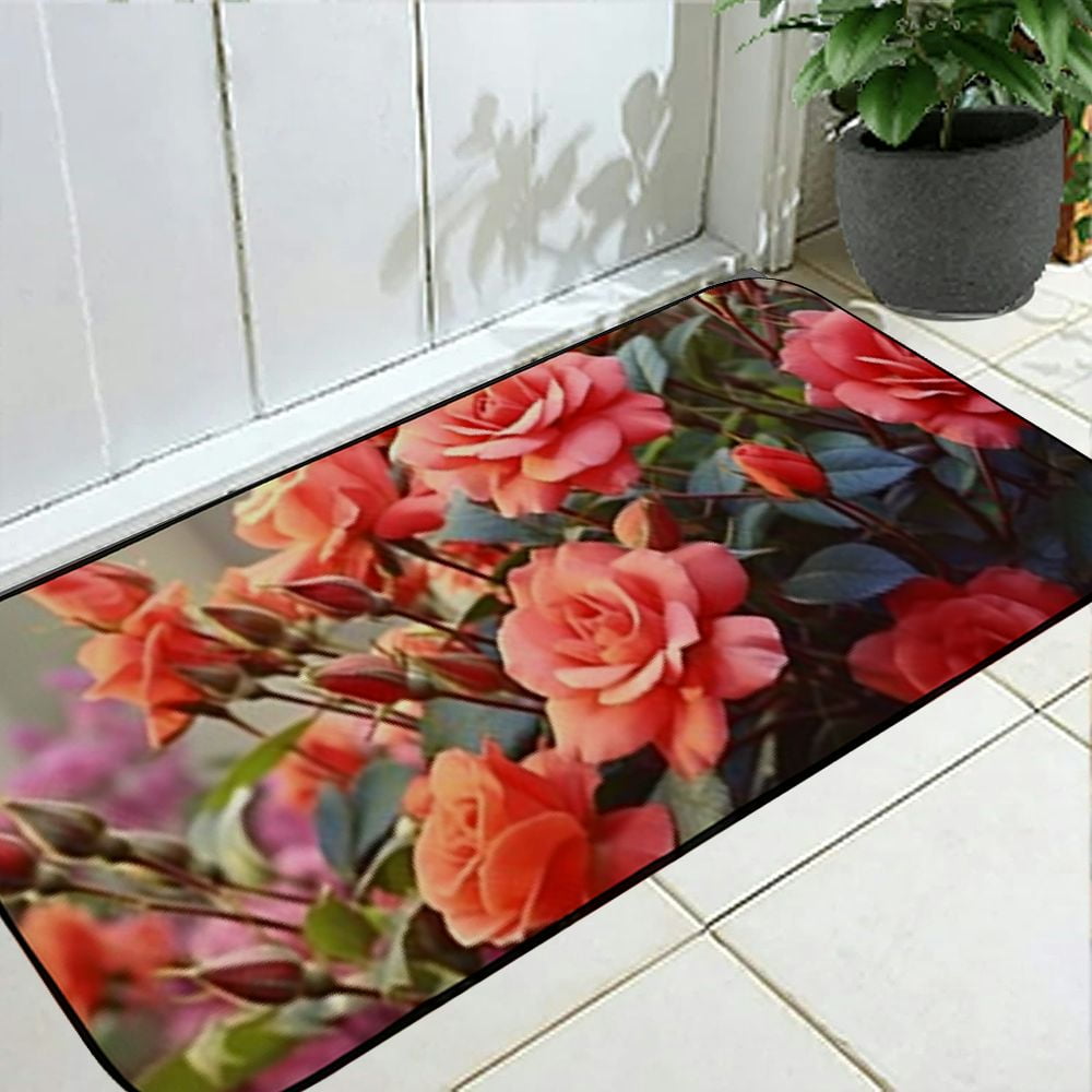 Qinduosi Doormat Floor Rug/Mat - Roses Red Rose Flower Nature Decorative Door Mat, Door Mat with Non-Slip Rubber Backing, Easy Cleaning, Traps Dirt, Rug for Entry, Patio, Garage