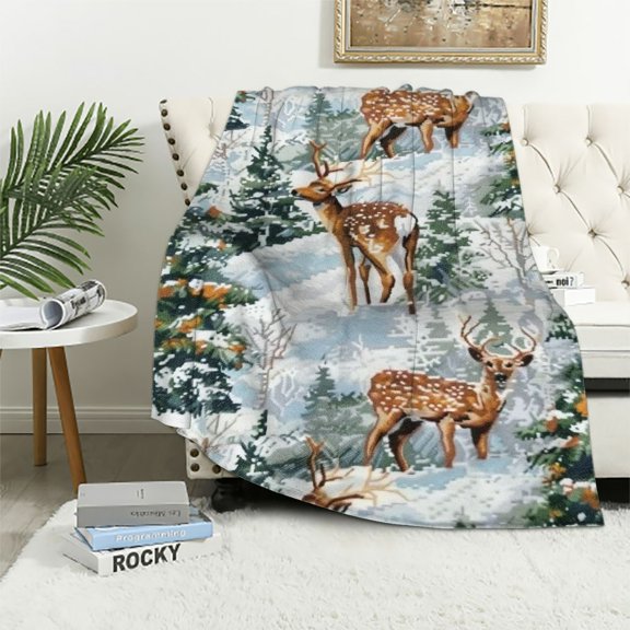 Qinduosi Elk Printed Blanket Pattern Throw Blanket for Sofa Couch Christmas Theme Plush Blanket Room Decor