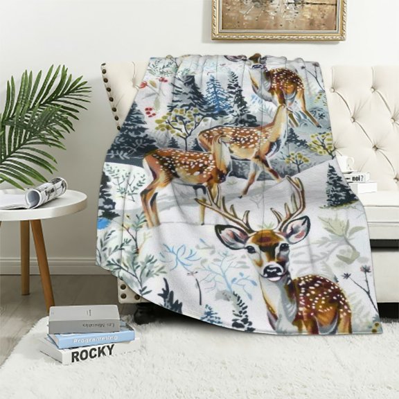 Qinduosi Elk Printed Blanket Pattern Throw Blanket for Sofa Couch Christmas Theme Plush Blanket Room Decor