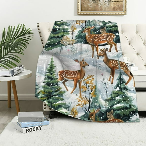 Qinduosi Elk Printed Sherpa Blanket Pattern Fleece Throw Blanket for Sofa Couch Christmas Theme Plush Blanket Winter Nature Tree Room Decor King