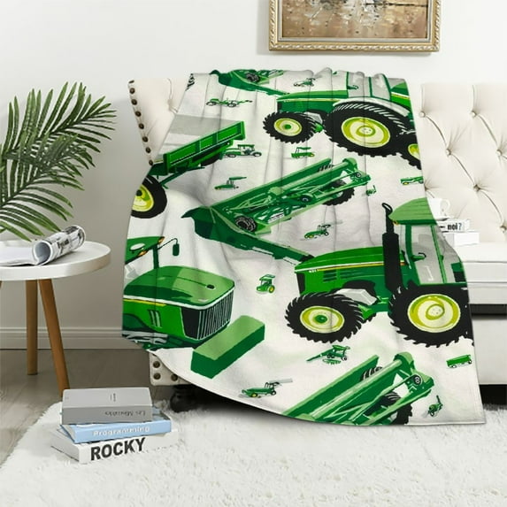 Qinduosi Equipment Trucks Blanket Kids Boys Excavators Throw Blanket for Bed Sofa Couch Children Green Plush Blanket Soft Construction Tractor Decor Blanket