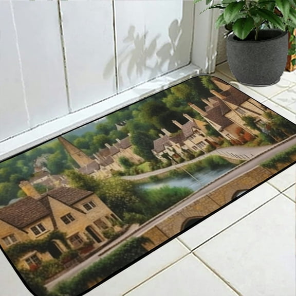 Qinduosi European Doormat, Village in England Old Stone Houses and Bridges Historic Street Image, Decorative Floor Mat with Non-Skid Backing, Green Grey 19.68*47.24 in