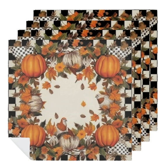 Qinduosi Fall Cloth Napkin, Thanksgiving Autumn Pumpkin Mushroom Black Buffalo Plaid Party Dinner Decoration Washable Napkins 4 PCS