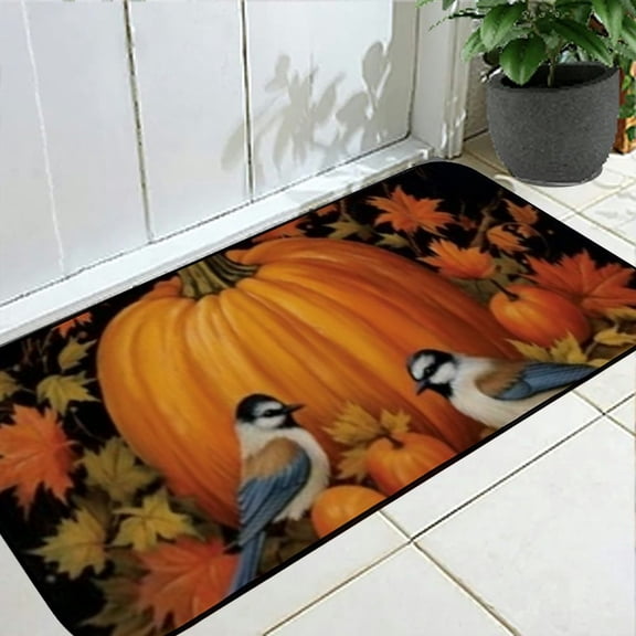 Qinduosi Fall Pumpkin Front Door Mat Indoor Outdoor Entrance, Autumn Thanksgiving Maple Leaves Birds Doormat Inside Outside Entrance Home Decor 19.68*47.24 in
