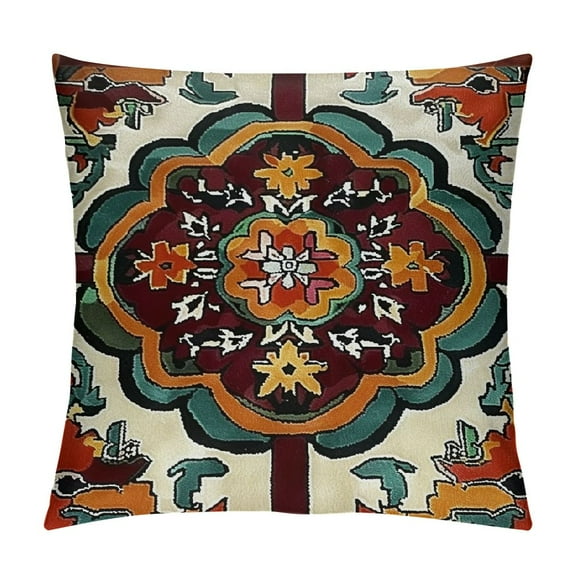 Qinduosi Floral Throw Pillow Covers Geometric Flowers Pillow Covers Red Teal Green Square Lattice Cushion Covers Exotic Retro Bohemian Abstract Grid Cushion Cases White