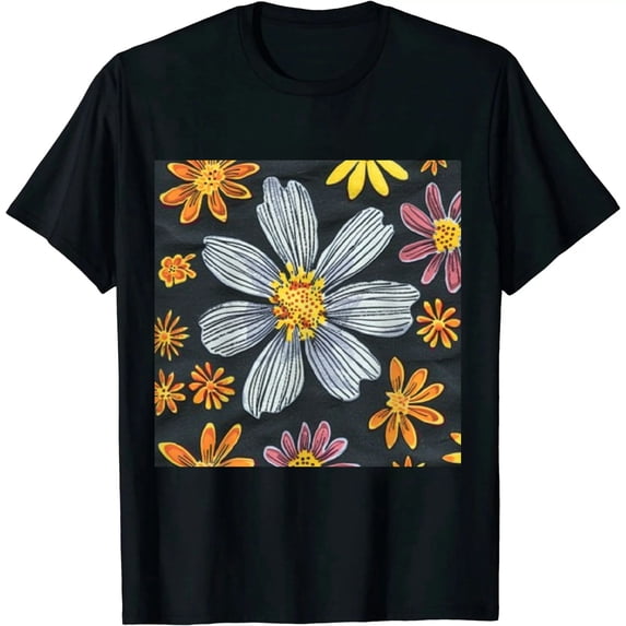Qinduosi Flower Shirt for Women Cute Floral Print Summer Graphic Tops Black