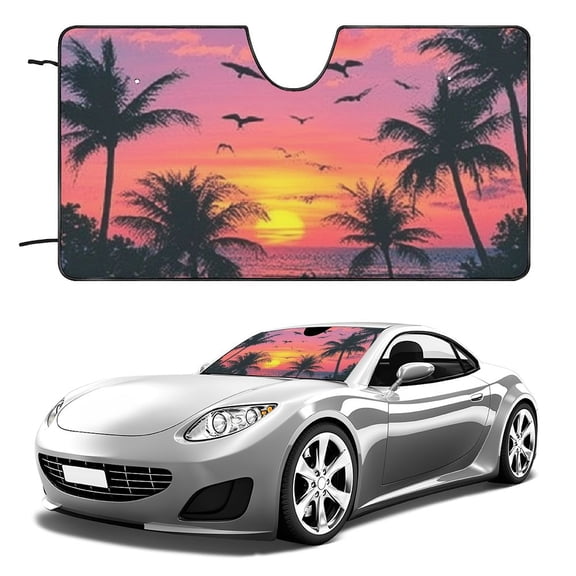 Qinduosi Foldable Windshield Sunshade Auto Front Window Shield Cover Sunset Palm Tree Designs Sunshade Universal fit Most Car Van Truck Sedan 51x28in