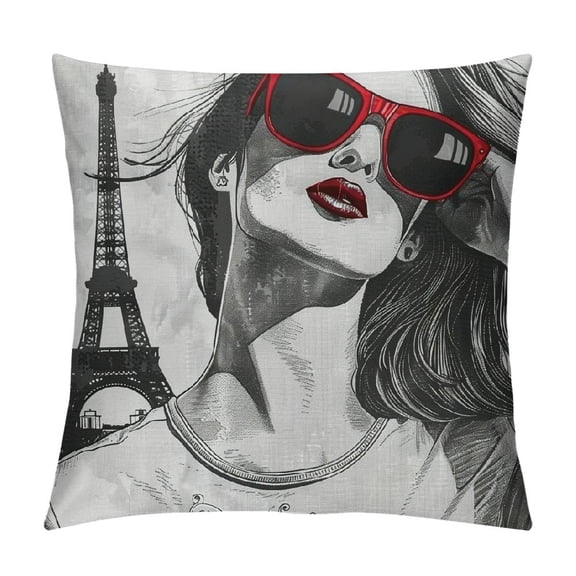Qinduosi  France Throw Pillow Cushion Cover, Kisses from Paris Young Girl with Sunglasses Posing in Fornt of Eiffel Tower, Decorative Square Accent Pillow Case, ", Red Grey White