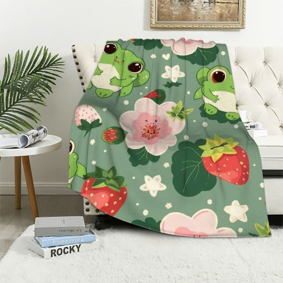 Qinduosi Frog Strawberry Blanket Gifts for Frog Strawberry Lover Inch for Kid,Frog Strawberry Fannel Fleece Throw Blanket Super Soft Throws Blanket for Bed Couch Sofa