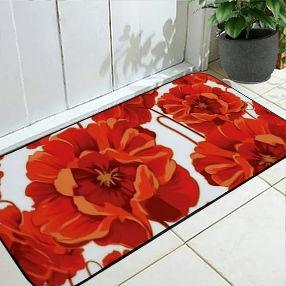 Qinduosi Funny Doormat Welcome Mat, Red Poppy Floral, Non-Slip Front Door Mats Rugs for Indoor/Outdoor Entrance, Flower, Entry Mats Carpets Absorbent Water and Mud 19.68*47.24 in