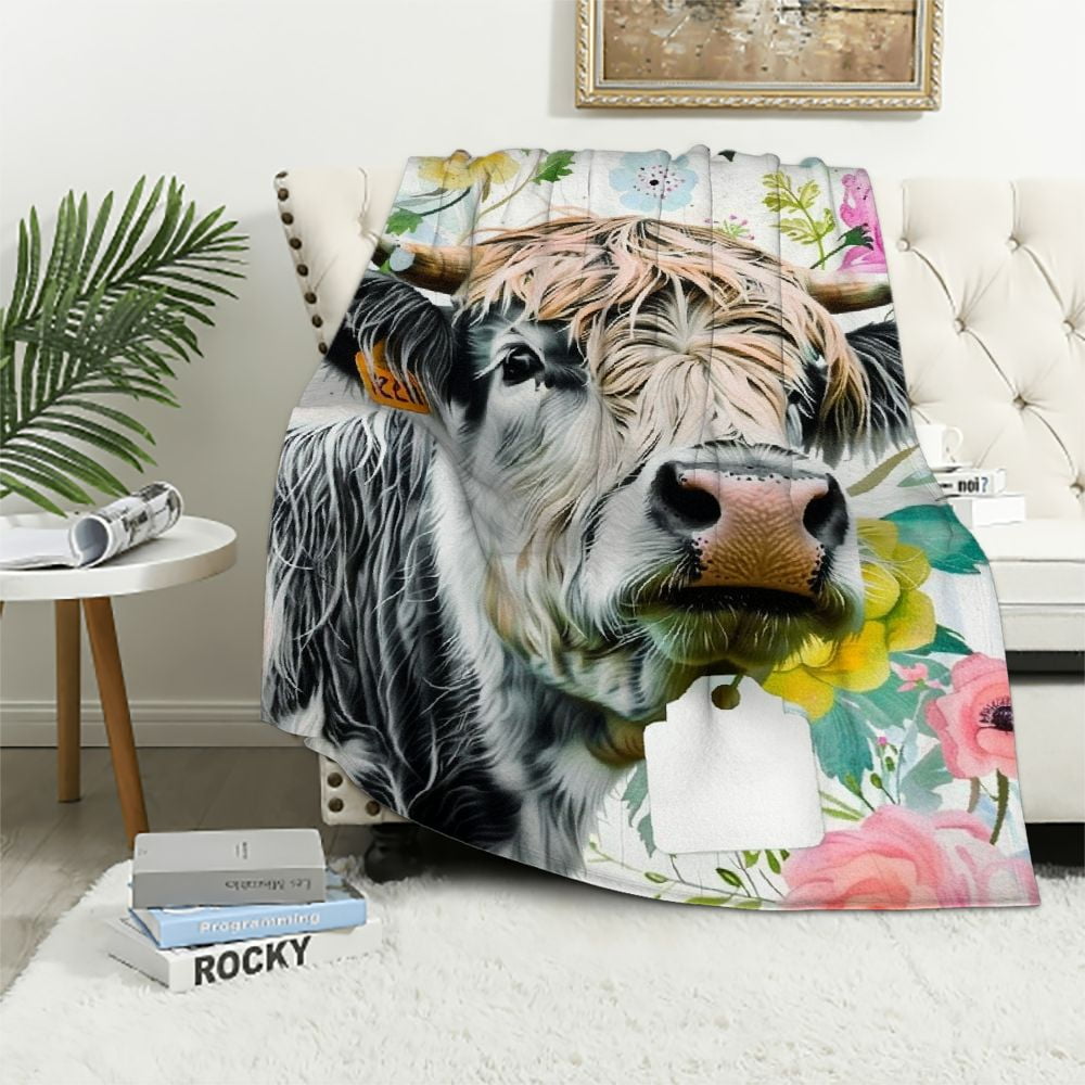 Qinduosi Highland Cow Throw Blanket Women Rose Floral Cattle Blanket