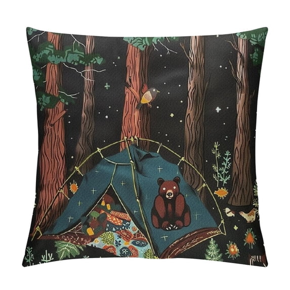 Qinduosi Hunting Bear Throw Pillow Covers inch Set of , Happy Camping Pillow Covers for Kids, Camper Theme Cushion Cases, Pine Tree Woodland Wild Animals Decorative Pillow Covers Bedroom Decor, Black