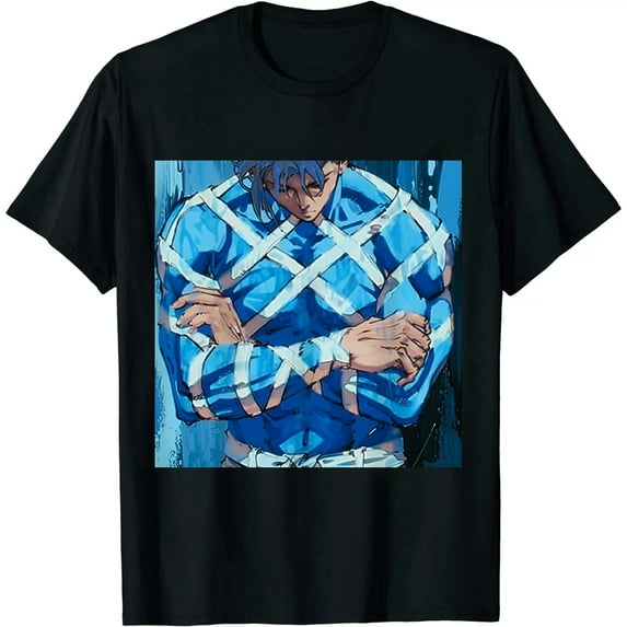 Qinduosi JoJo's Bizarre Adventure Men's Short Sleeve Giorno & Mista Eating Ice Cream Officially Licensed Black