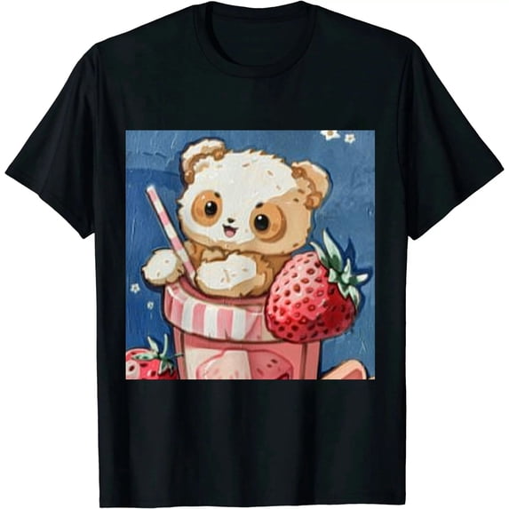 Qinduosi Kawaii Panda Bear Cute Lovely T Shirts Summer Fashion Graphic Unisex Tees Shirt Gift for Family and Friends Black