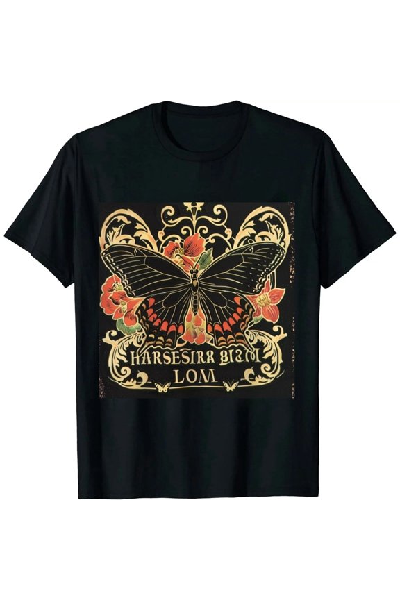 Ladies T-Shirt with Butterfly and Extra Foreign Stout Print Black