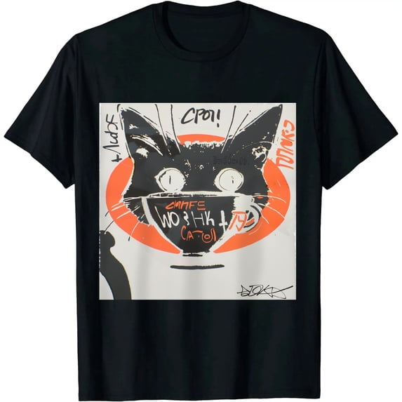Qinduosi Men Japanese Harajuku Streetwear T-Shirt Funny Cartoon Cat Printed Aesthetic Graphic Tee Shirt (Medium) Black