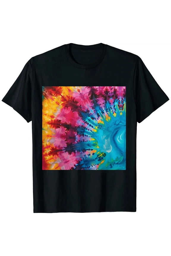Men Psychedelic Colorful Printing T-Shirts Leaf Totem Short Sleeved Shirt Black