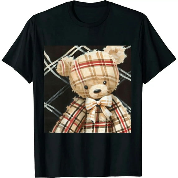 Qinduosi Men's Graphic Tee Crew Neck Short Sleeve Plaid Bear Print Summer T Shirt Top Black