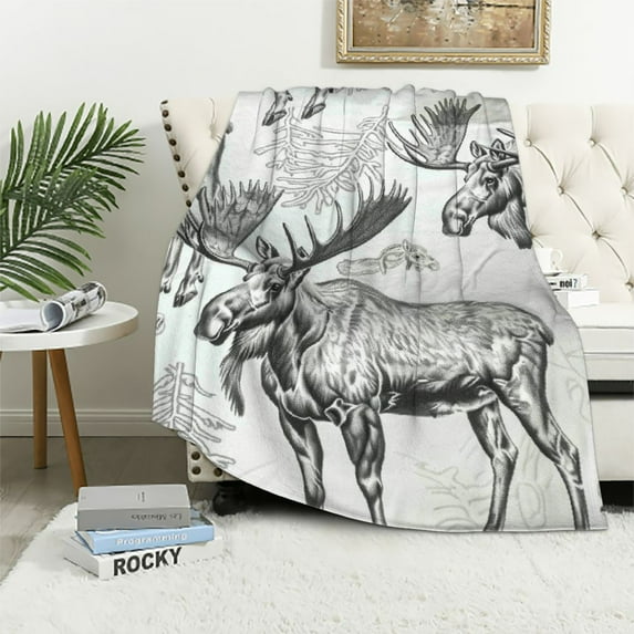 Qinduosi Moose Fleece Blanket Wild Animal Theme Sherpa Blanket for Chair Sofa Couch Cartoon Moose Plush Throw Blanket Breathable Gray Wildlife Style Fuzzy Blanket Room Decor King